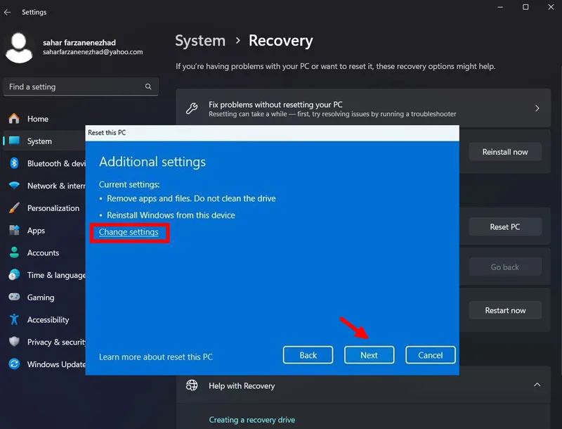 فعال کردن گزینه Change settings