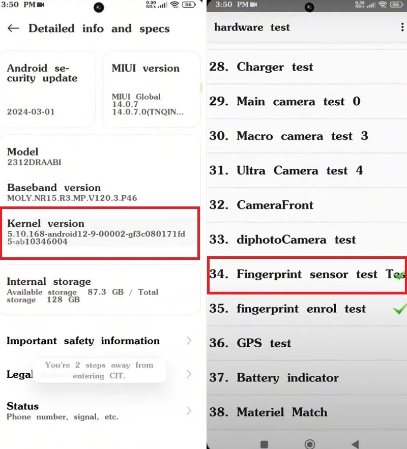 بررسی کار نکردن اثر انگشت گوشی شیائومی با hardware test