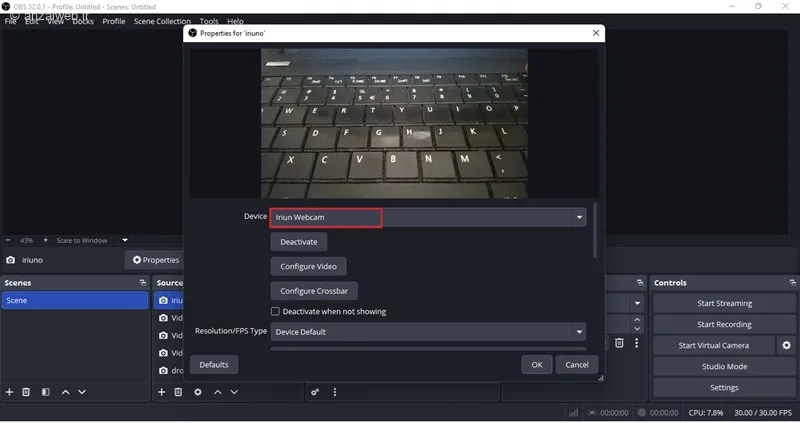 تبدیل آیفون به وبکم در OBS با بزنامه iriun