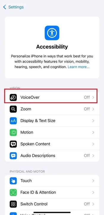 رفتن به Voiceover برای حل مشکل دوربین آیفون