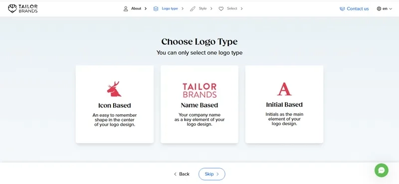 تعیین نوع لوگو در ساخت لوگو با هوش مصنوعی Tailor brand