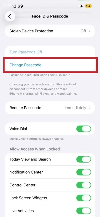 گزینه Change Passcode