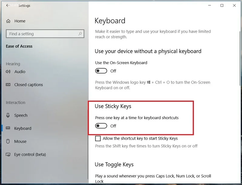 گزینه Sticky Keys را Off