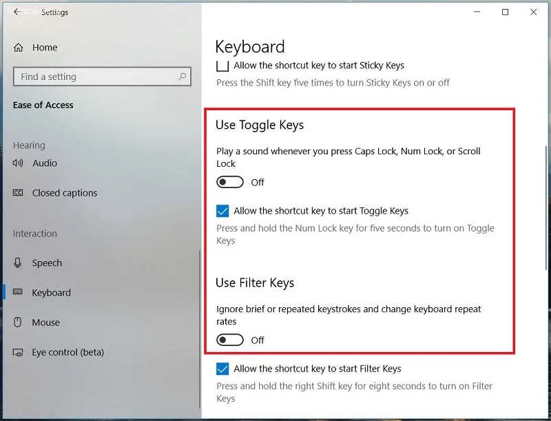 گزینه&zwnj;های Filter Keys و Toggle Keys را نیز غیر فعال کنید