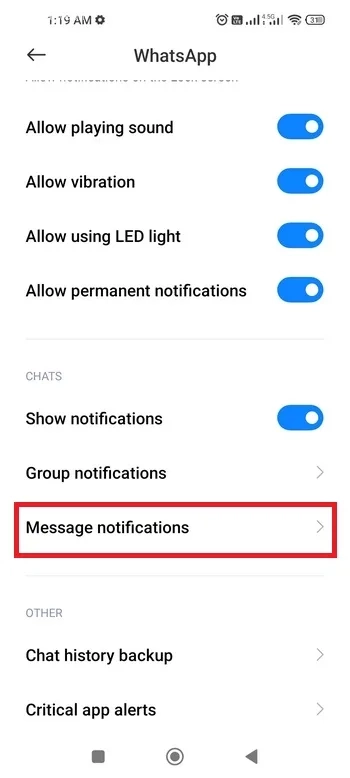 بخش Message notifications