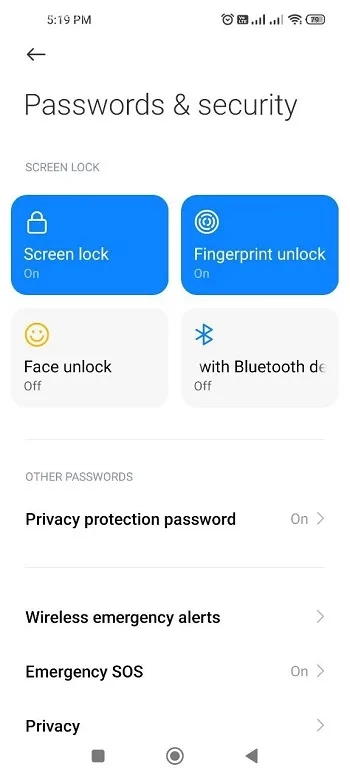 گزینه Screen lock (قفل صفحه)
