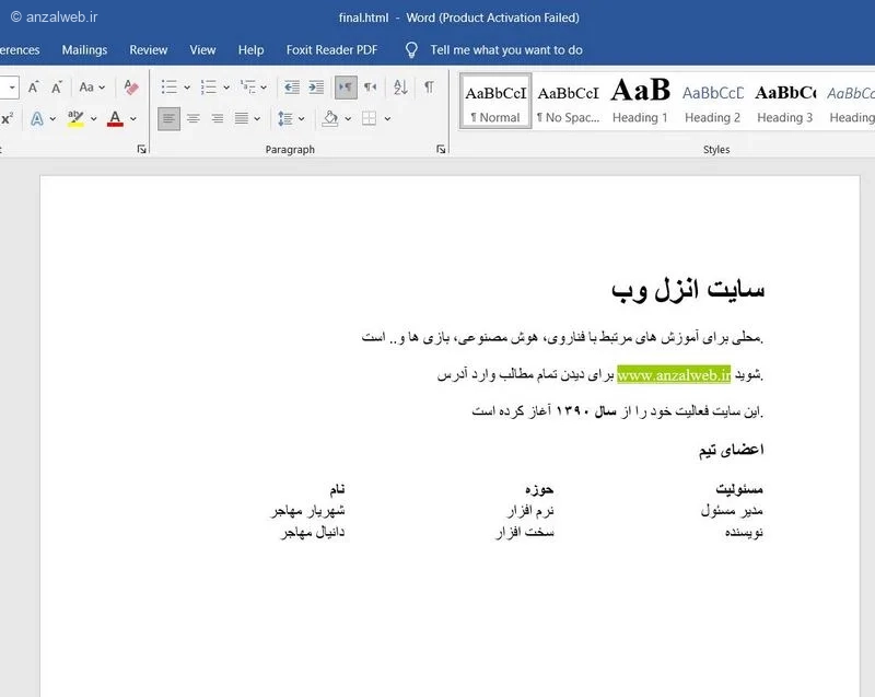 فایل HTML با فرمت کامل