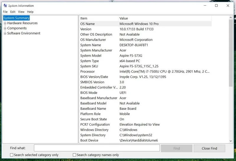 جدول مشخصات کامپیوتر System Information