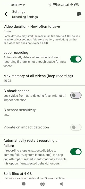 یخش Recording Settings گزینه Loop Recording