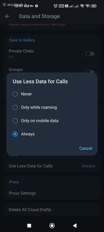 گزینه Always برای بخش تماس تلگرام