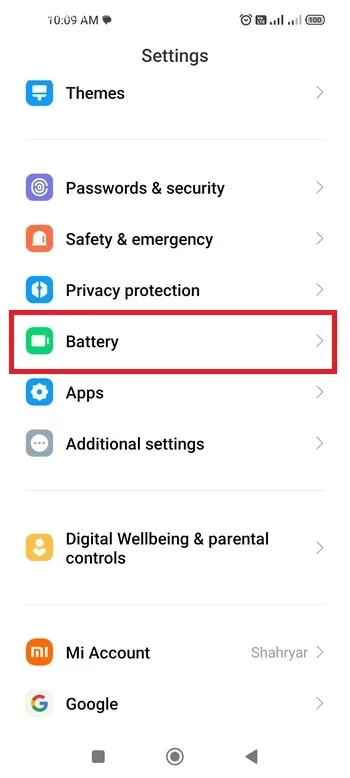 گزینه Battery یا باتری گوشی شیائومی