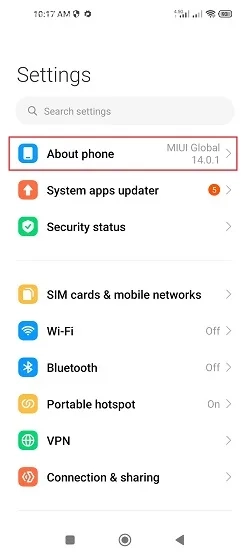 گزینه About phone