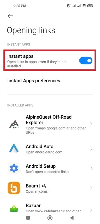 گزینه Instant apps را خاموش کنید