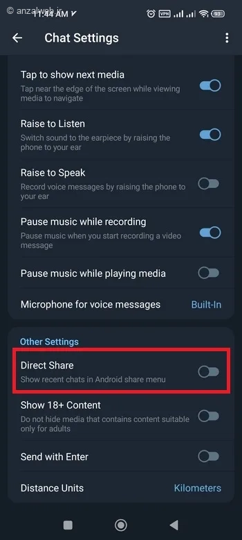 گزینه Direct Share را خاموش کنید