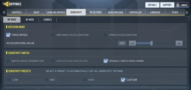 Rotation Mode در تنظیمات حساسیت و کنترل دوربین، حالت Fixed Speed