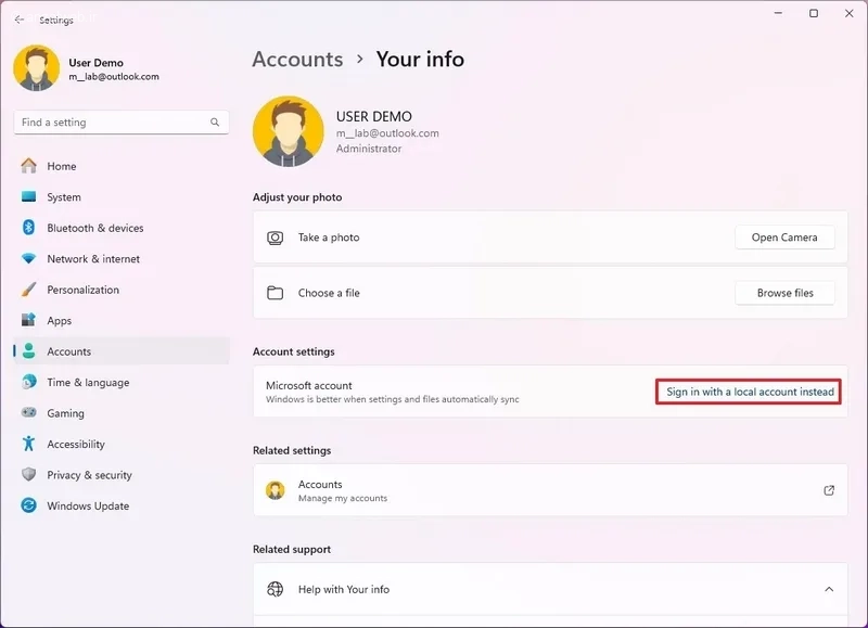 گزینه Sign in with a local account instead