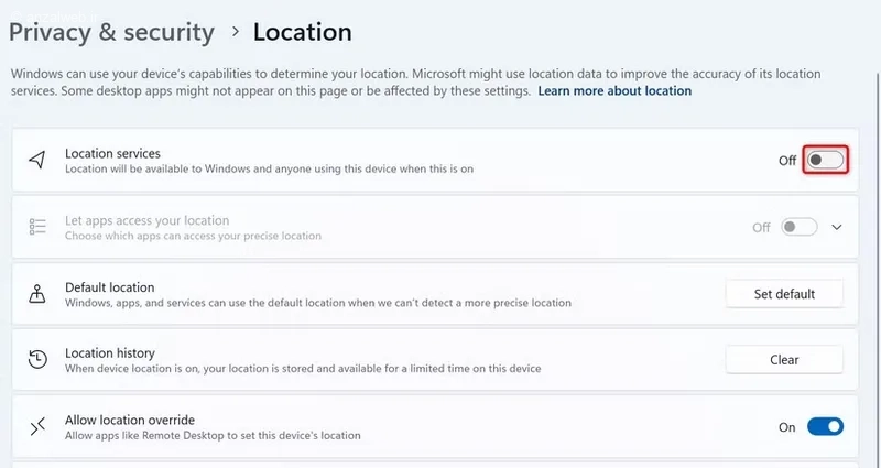 Location services را خاموش کنید