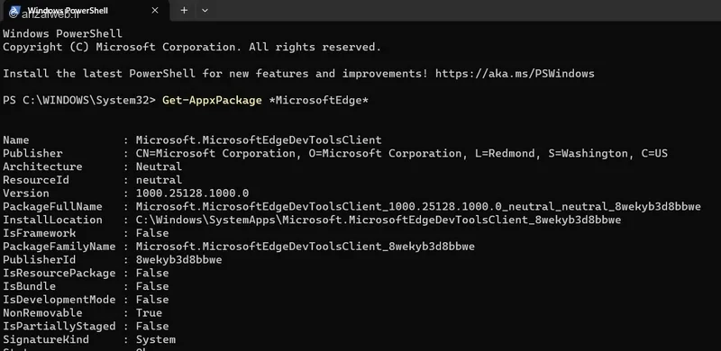اجرا Get-AppxPackage *MicrosoftEdge*