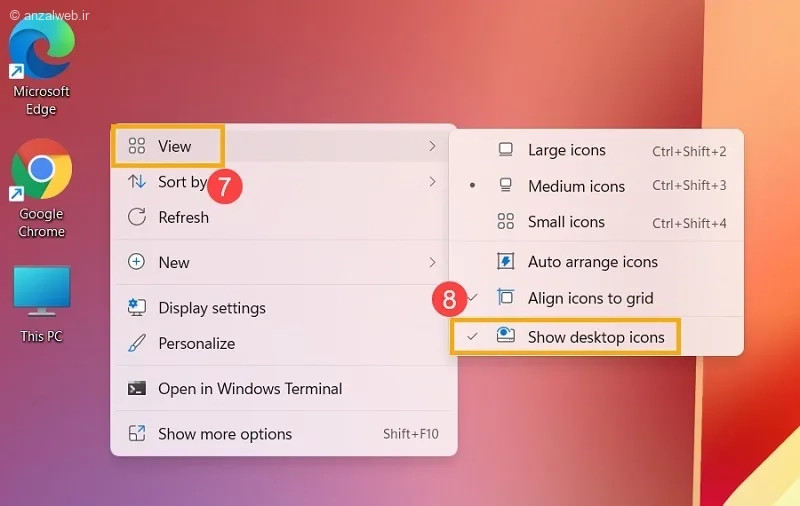 تیک گزینه Show Desktop Icons
