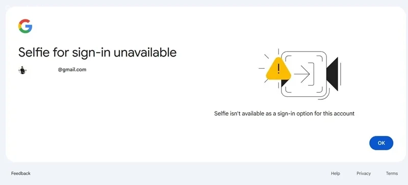 پیام Selfie isn't available as a sign-in option for this account