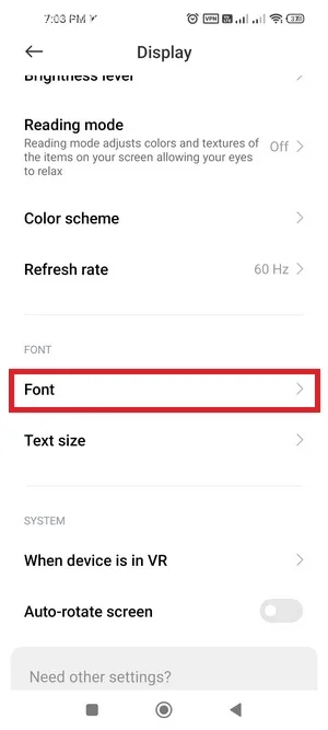 گزینه Font