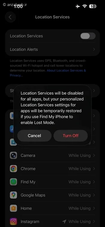 تیک گزینه Location Services را خاموش کنید