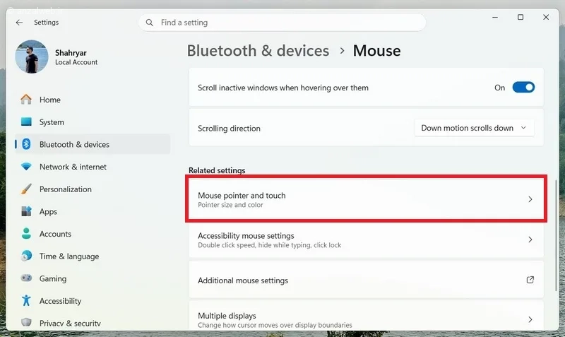 گزینه Mouse pointer and touch