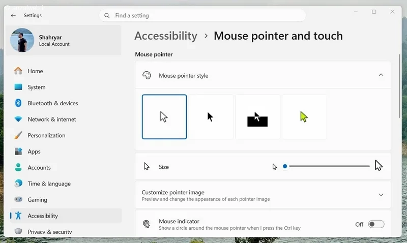 بخش Mouse pointer style