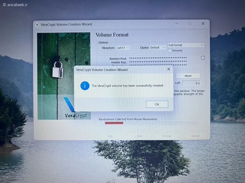 پیغام موفقیت آمیز بودن فرمت و ایجاد ولوم VeraCrypt