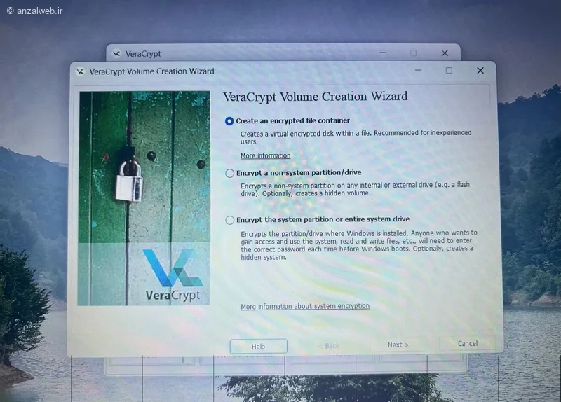 گزینه Create an encrypted file container