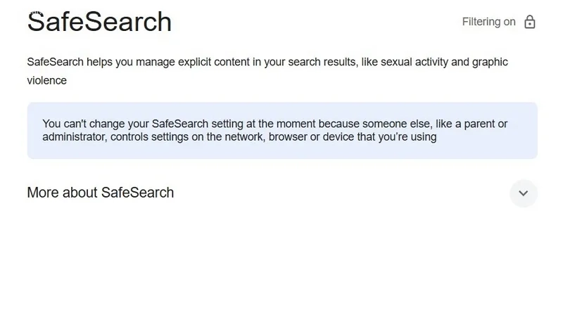 بخش Safe Search عبارت you can't change your safesearch setting
