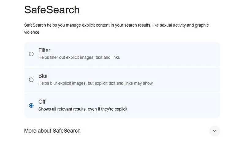 صفحه Safe Search گزینه Off