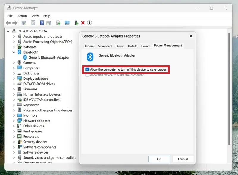 گزینه Allow the computer to turn off this device to save power