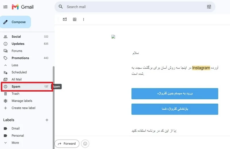قرار گرفتن ایمیل اینستاگرام در پوشه اسپم