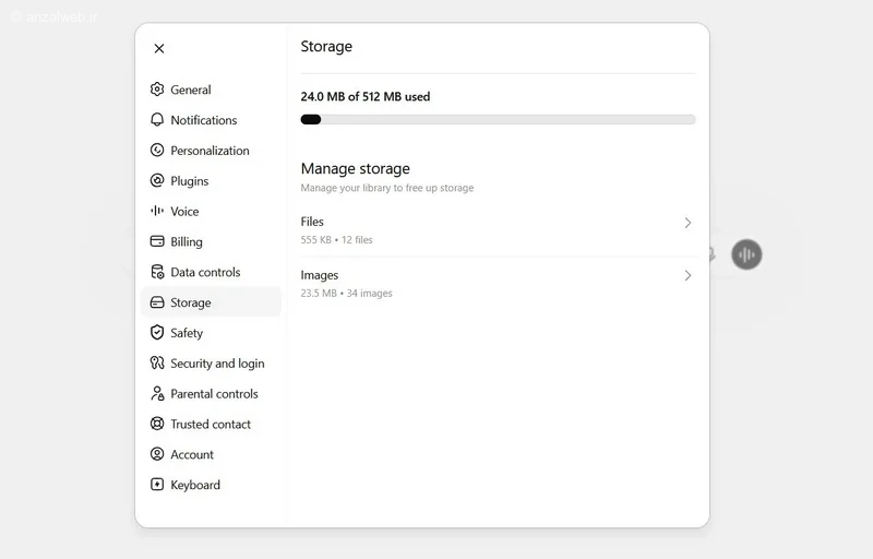 گزینه Storage