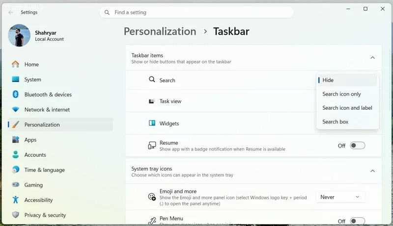گزینه های Taskbar Items