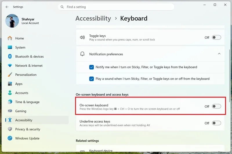 گزینه On-Screen Keyboard