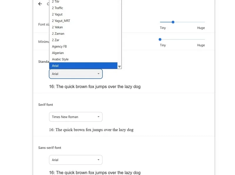 بخش Customize fonts