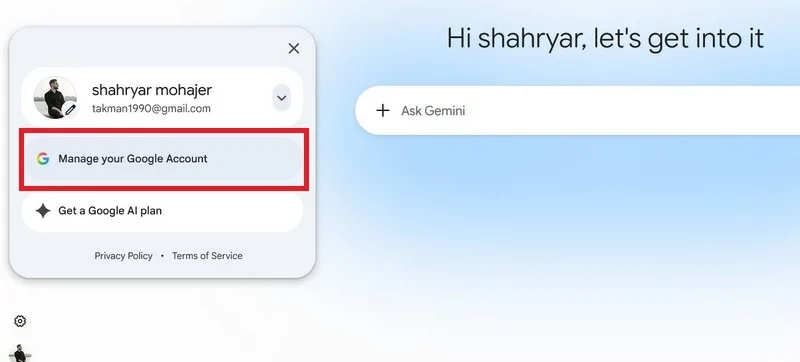 گزینه Manage your google account 