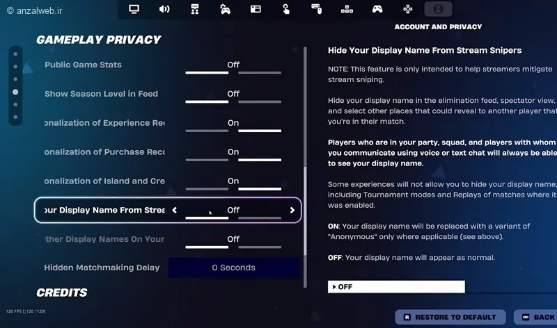 گزینه Hide your display name from stream snipers
