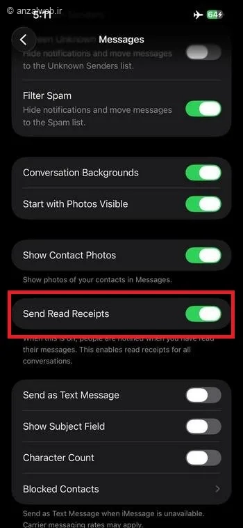 گزینه Send Read Receipts