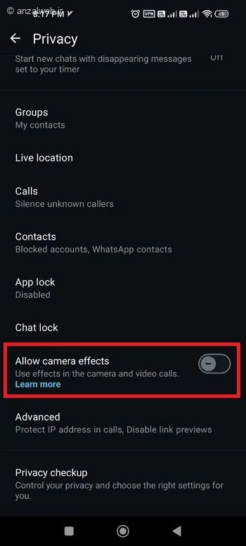 گزینه Allow camera effects