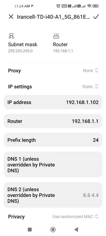 IP Setting را روی Static تنظیم کنید