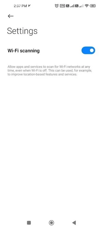 کلید Wi-Fi Scanning را خاموش کنید