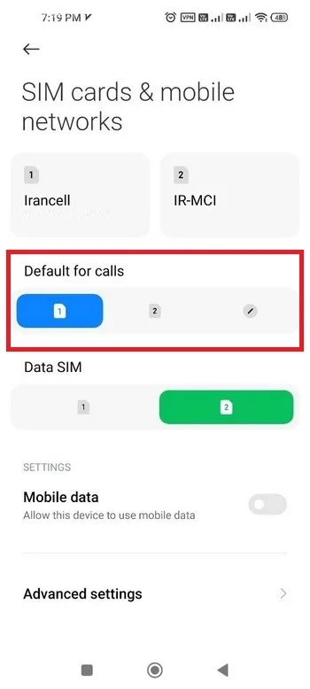گزینه مربوط به SMS یا Default SIM for SMS