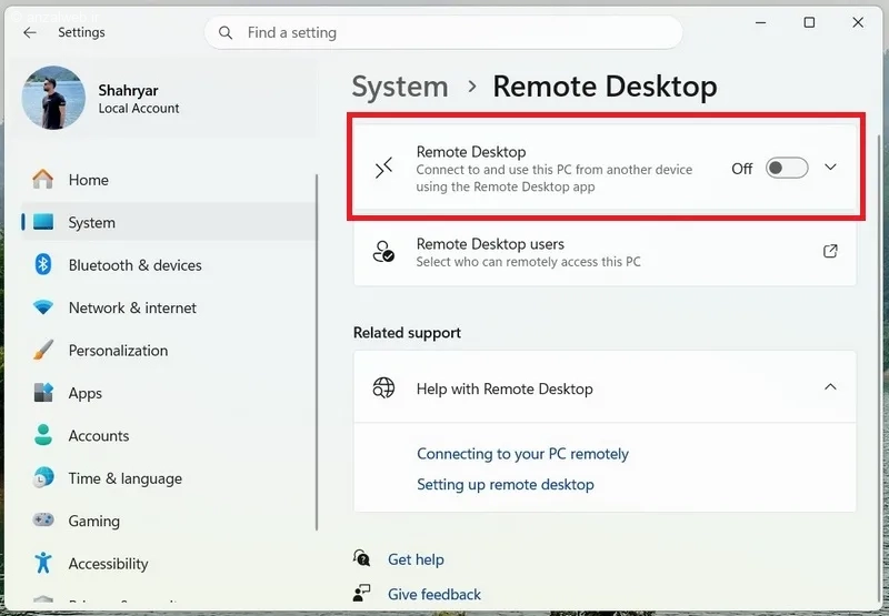 گزینه Remote Desktop