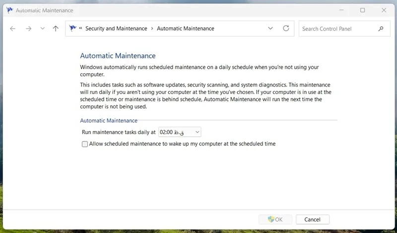 تیک گزینه Allow scheduled maintenance to wake up my computer را بردارید.