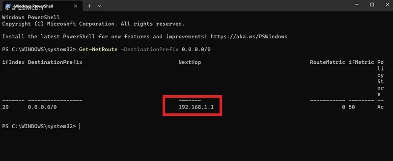 دستور Get-NetRoute -DestinationPrefix 0.0.0.0/0