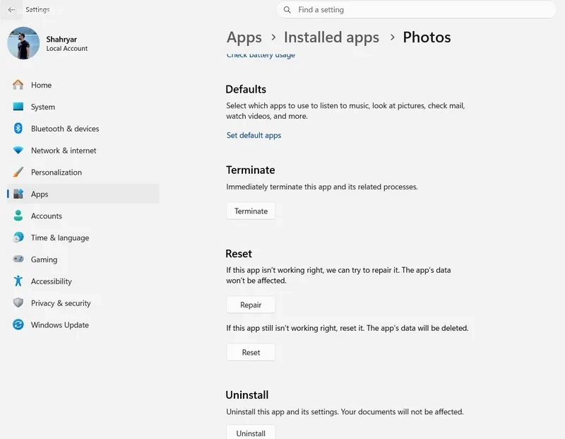 Repair برنامه Photos