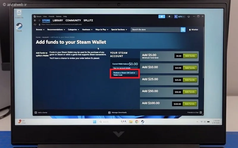 گزینه Redeem a Steam Gift Card or Wallet Code